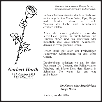 Traueranzeige von Norbert Harth von Wetterauer Zeitung, Wetterauer Zeitung