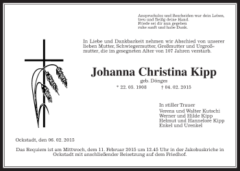 Traueranzeige von Johanna Christina Kipp von Wetterauer Zeitung, Wetterauer Zeitung