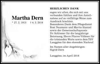 Traueranzeige von Martha Dern von Gießener Allgemeine, Alsfelder Allgemeine
