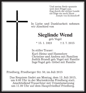 Traueranzeige von Sieglinde Wend von Wetterauer Zeitung, Wetterauer Zeitung