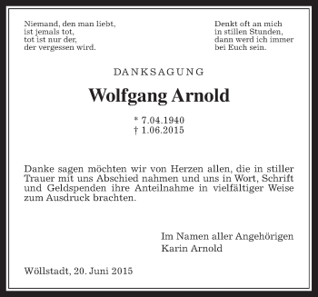 Traueranzeige von Wolfgang Arnold von Wetterauer Zeitung, Wetterauer Zeitung
