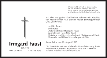 Traueranzeige von Irmgard Faust von Wetterauer Zeitung, Wetterauer Zeitung