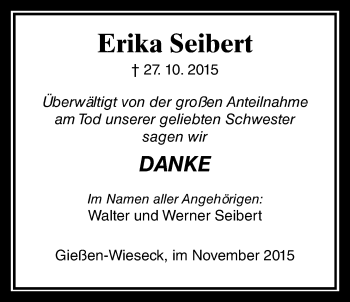 Traueranzeige von Erika Seibert von Gießener Allgemeine, Alsfelder Allgemeine
