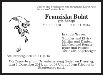 Traueranzeige von Franziska Bulat von Gießener Allgemeine, Alsfelder Allgemeine