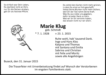 Traueranzeige von Marie Klug von Gießener Allgemeine, Alsfelder Allgemeine
