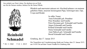 Traueranzeige von Reinhold Schmadel von Giessener Allgemeine, Alsfelder Allgemeine