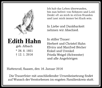 Traueranzeige von Edith Hahn von Gießener Allgemeine, Alsfelder Allgemeine