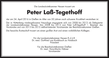 Traueranzeige von Peter Laß-Tegethoff von Gießener Allgemeine, Alsfelder Allgemeine