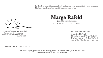 Traueranzeige von Marga Rafeld von Gießener Allgemeine, Alsfelder Allgemeine