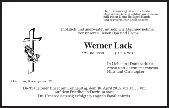 Traueranzeige von Werner Lack von Wetterauer Zeitung, Wetterauer Zeitung