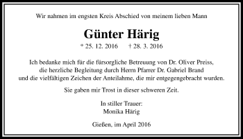 Traueranzeige von Günter Härig von Gießener Allgemeine, Alsfelder Allgemeine