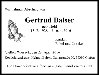 Traueranzeige von Gertrud Balser von Gießener Allgemeine, Alsfelder Allgemeine
