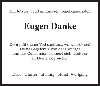 Traueranzeige von Eugen Danke von Heimatzeitung Grünberg + Laubach, Laubacher Anzeiger