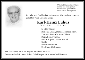 Traueranzeige von Karl-Heinz Euhus von Wetterauer Zeitung, Wetterauer Zeitung