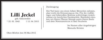 Traueranzeige von Lilli Jeckel von Wetterauer Zeitung, Wetterauer Zeitung