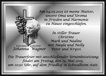 Traueranzeige von Johanna Wagner von Wetterauer Zeitung, Wetterauer Zeitung