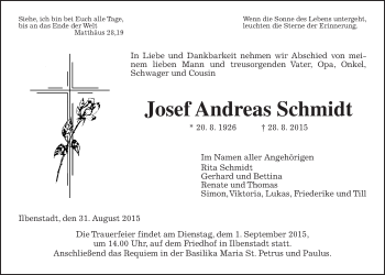 Traueranzeige von Josef Andreas Schmidt von Wetterauer Zeitung, Wetterauer Zeitung