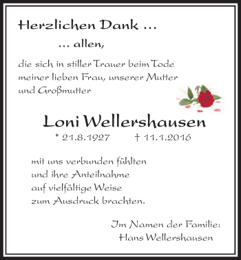 Traueranzeige von Loni Wellershausen von Licher Wochenblatt, Licher Wochenblatt, Licher Wochenblatt