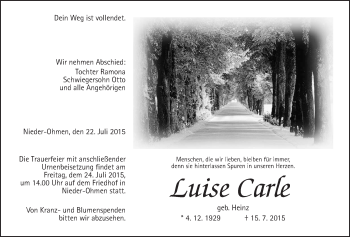 Traueranzeige von Luise Carle von Alsfelder Allgemeine