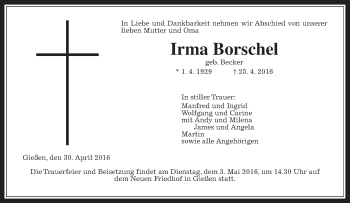 Traueranzeige von Irma Borschel von Gießener Allgemeine, Alsfelder Allgemeine