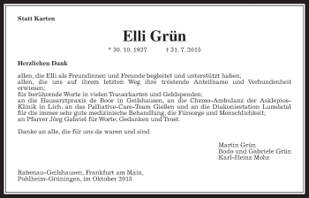 Traueranzeige von Elli Grün von Gießener Allgemeine, Alsfelder Allgemeine