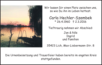 Traueranzeige von Carla Hechler-Szembek von Licher Wochenblatt, Licher Wochenblatt, Licher Wochenblatt
