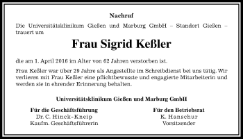 Traueranzeige von Sigrid Keßler von Gießener Allgemeine, Alsfelder Allgemeine