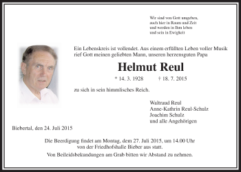 Traueranzeige von Helmut Reul von Gießener Allgemeine, Alsfelder Allgemeine
