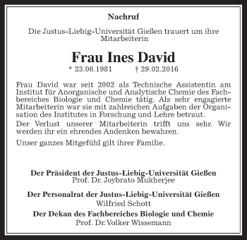 Traueranzeige von Ines David von Gießener Allgemeine, Alsfelder Allgemeine