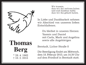 Traueranzeige von Thomas Berg von Wetterauer Zeitung, Wetterauer Zeitung