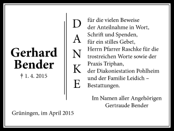 Traueranzeige von Gerhard Bender von Pohlheimer Nachrichten
