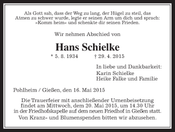 Traueranzeige von Hans Schielke von Gießener Allgemeine, Alsfelder Allgemeine