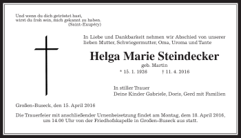 Traueranzeige von Helga Marie Steindecker von Gießener Allgemeine, Alsfelder Allgemeine