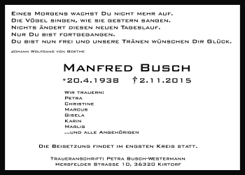 Traueranzeige von Manfred Busch von Gießener Allgemeine, Alsfelder Allgemeine