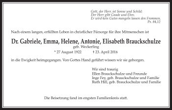 Traueranzeige von Gabriele, Emma, Helene, Antonie, Elisabeth Brauckschulze von Wetterauer Zeitung, Wetterauer Zeitung