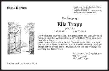 Traueranzeige von Ella Trapp von Gießener Allgemeine, Alsfelder Allgemeine