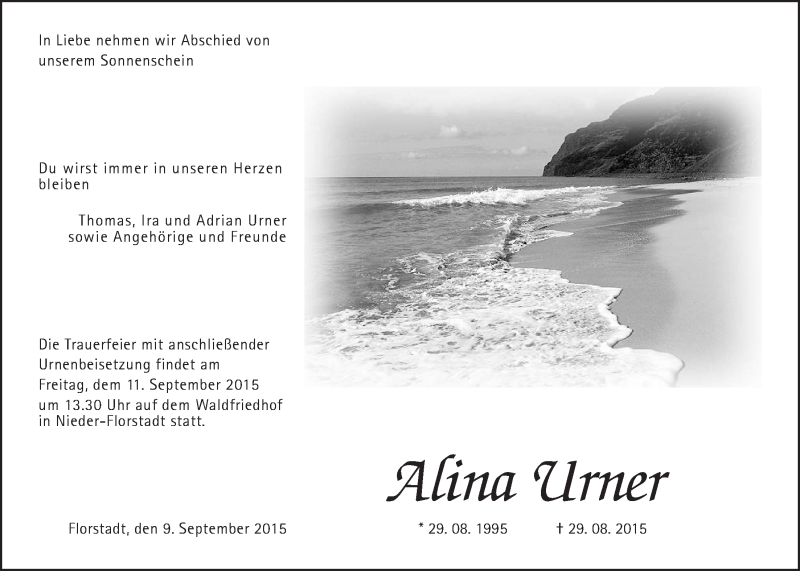 Traueranzeige für Alina Urner vom 09.09.2015 aus Wetterauer Zeitung, Wetterauer Zeitung