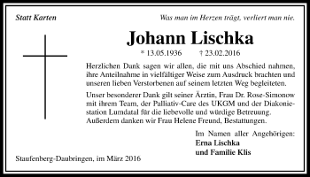 Traueranzeige von Johann Lischka von Gießener Allgemeine, Alsfelder Allgemeine