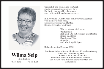 Traueranzeige von Wilma Seip von Gießener Allgemeine, Alsfelder Allgemeine