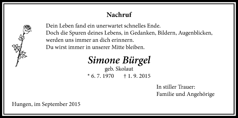  Traueranzeige für Simone Bürgel vom 10.09.2015 aus Licher Wochenblatt, Licher Wochenblatt, Licher Wochenblatt