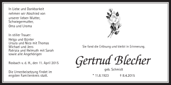 Traueranzeige von Gertrud Blecher von Wetterauer Zeitung, Wetterauer Zeitung