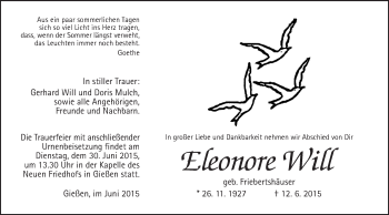 Traueranzeige von Eleonore Will von Gießener Allgemeine, Alsfelder Allgemeine