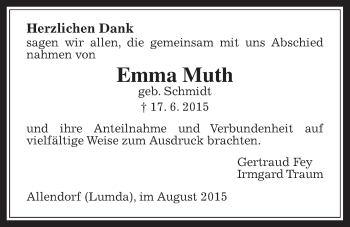 Traueranzeige von Emma Muth von Allendorfer Mitteilungen