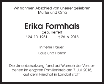 Traueranzeige von Erika Formhals von Rabenauer Zeitung
