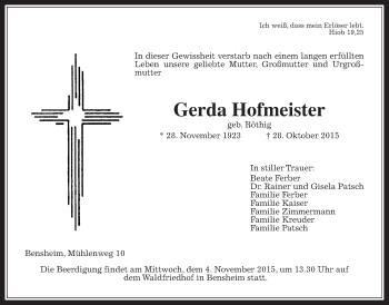 Traueranzeige von Gerda Hofmeister von Wetterauer Zeitung, Wetterauer Zeitung