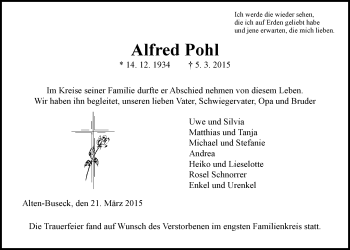Traueranzeige von Alfred Pohl von Gießener Allgemeine, Alsfelder Allgemeine
