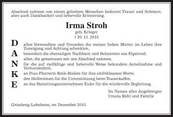 Traueranzeige von Irma Stroh von Gießener Allgemeine, Alsfelder Allgemeine