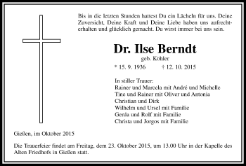 Traueranzeige von Ilse Berndt von Gießener Allgemeine, Alsfelder Allgemeine