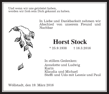 Traueranzeige von Horst Stock von Wetterauer Zeitung, Wetterauer Zeitung