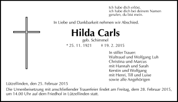 Traueranzeige von Hilda Carls von Gießener Allgemeine, Alsfelder Allgemeine